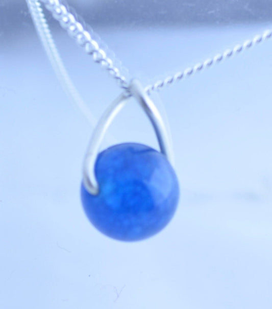 Silver necklace, blue round Apatite gemstone pendant, natural materials, 18” chain