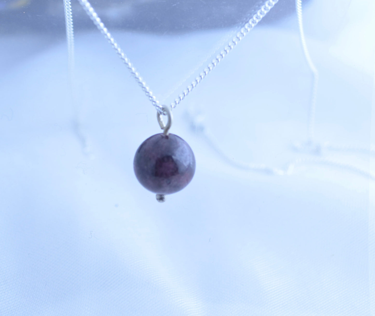 Silver garnet necklace, round shape red pendant, 18” chain, natural gemstone
