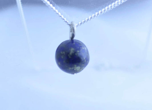 lapis lazuli silver necklace, blue round shape pendant, natural gemstone, 18” chain