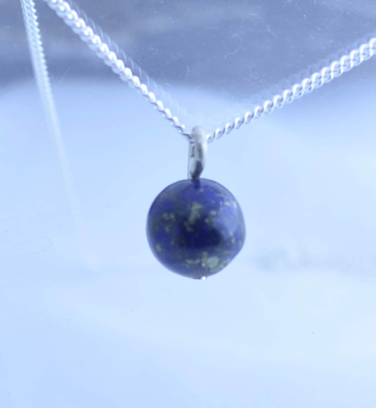 lapis lazuli silver necklace, blue round shape pendant, natural gemstone, 18” chain