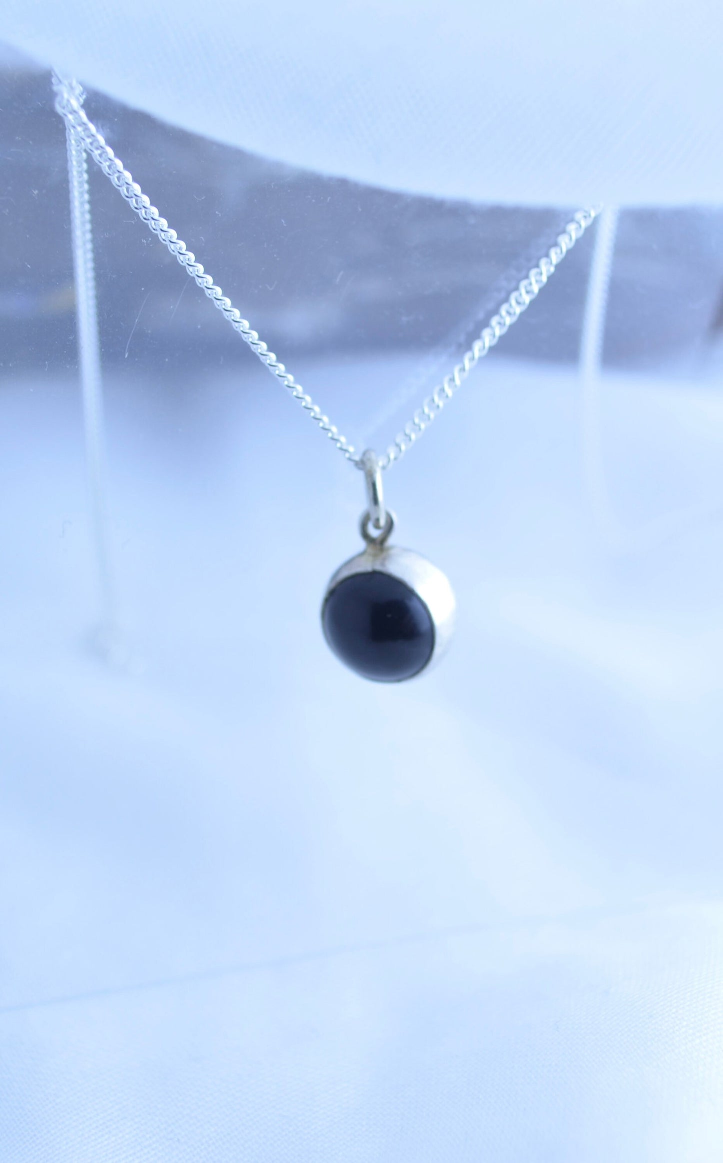 silver necklace, black onyx pendant round shape natural gemstone, 18” chain