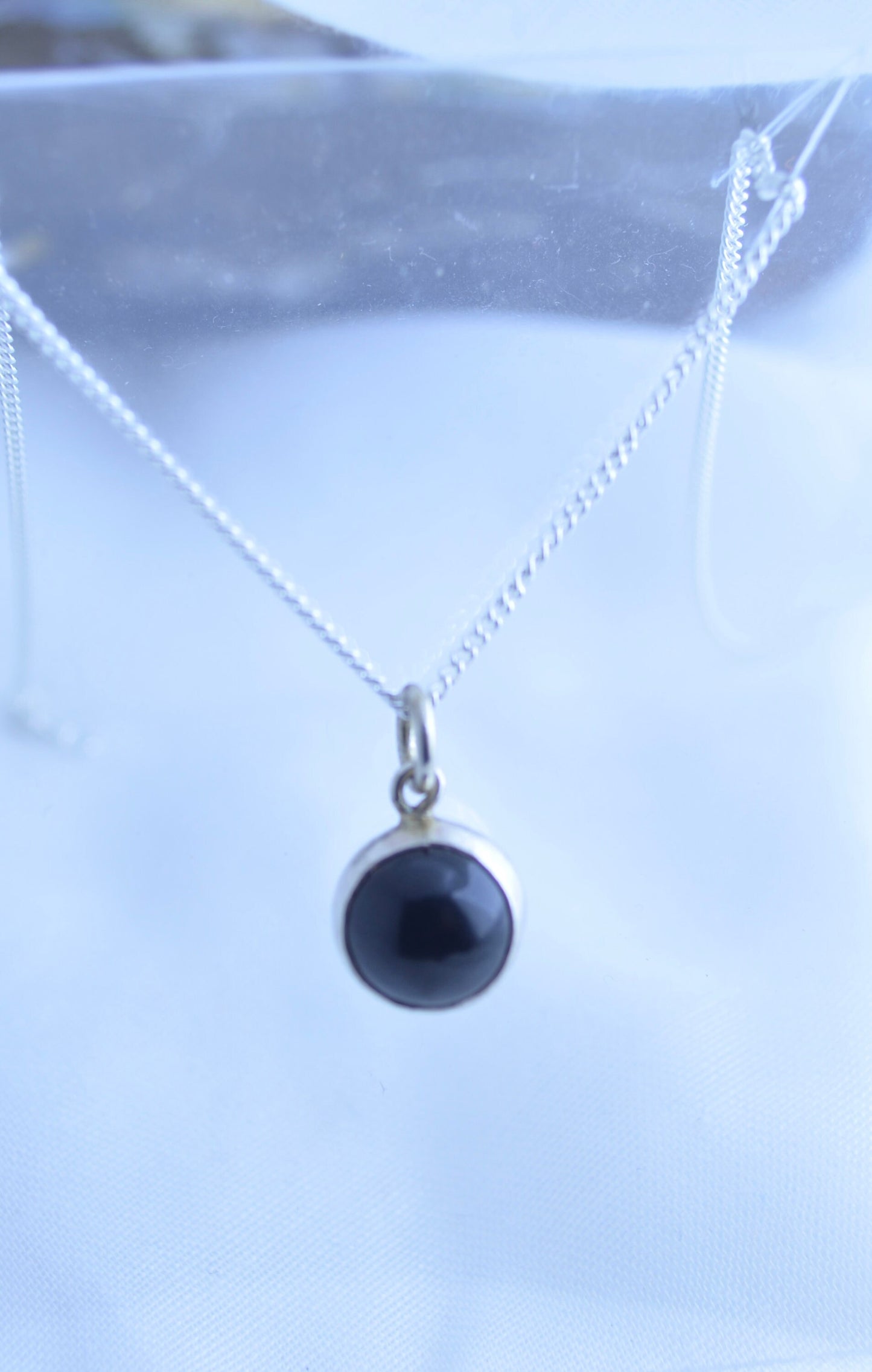 silver necklace, black onyx pendant round shape natural gemstone, 18” chain