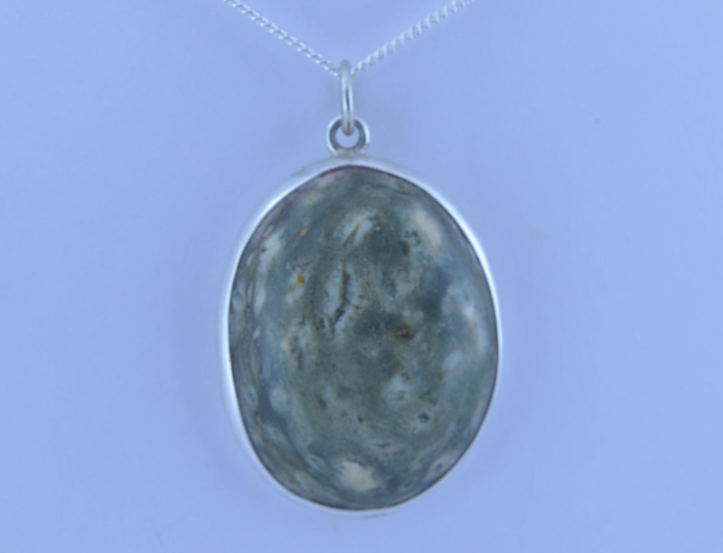 Preseli bluestone silver necklace, natural stone from Wales, oval shape pendant, 18” chain