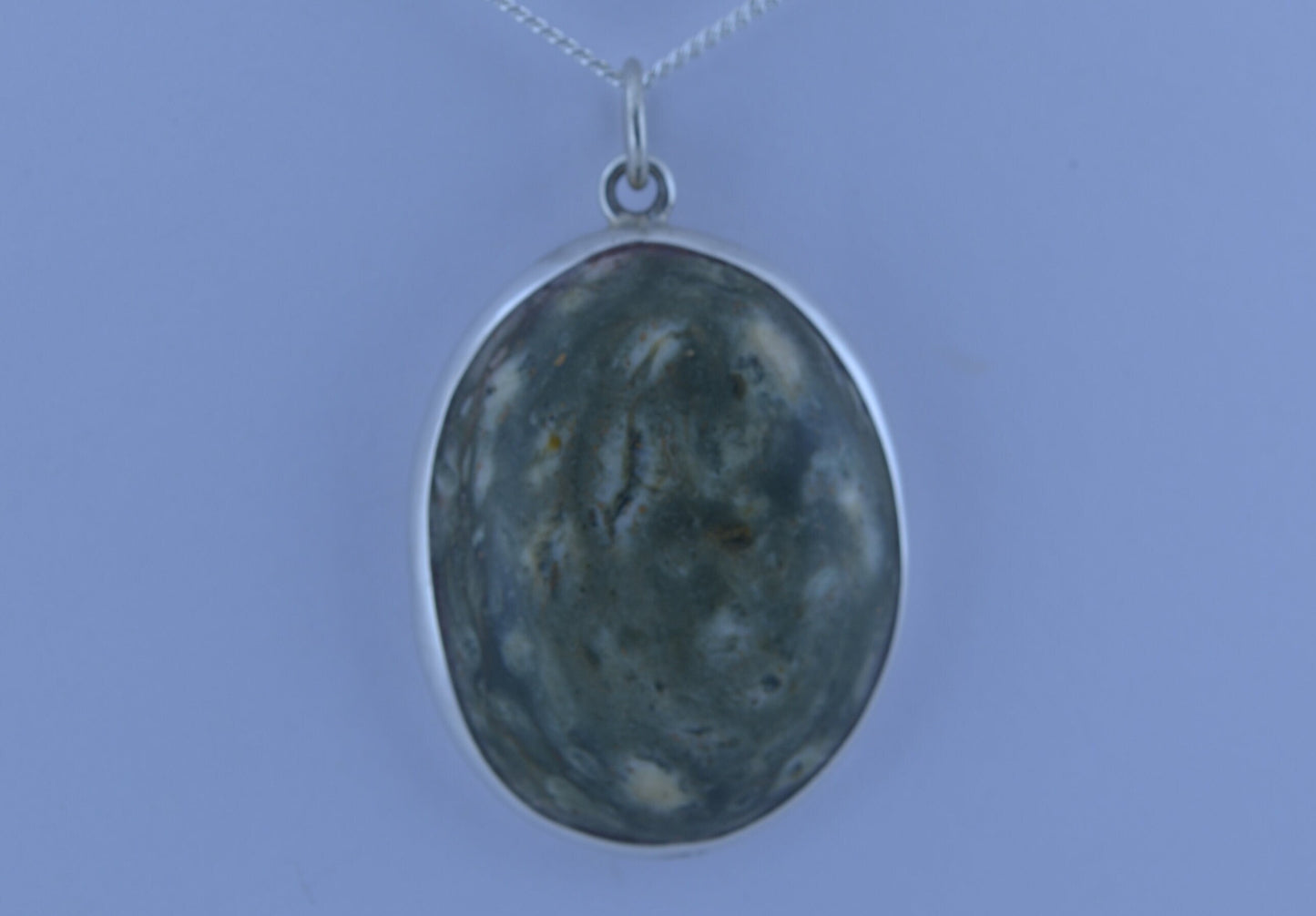 Preseli bluestone silver necklace, natural stone from Wales, oval shape pendant, 18” chain