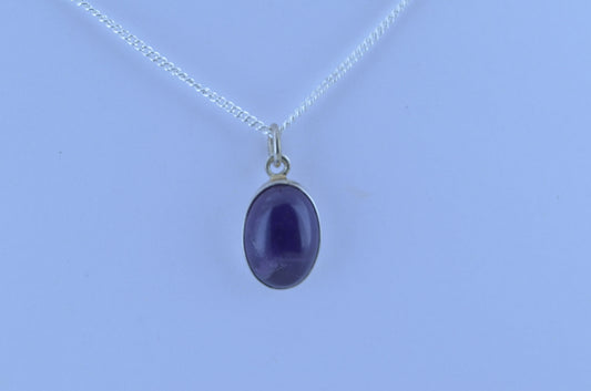 amethyst silver necklace, oval purple natural gemstone pendant, 18” chain
