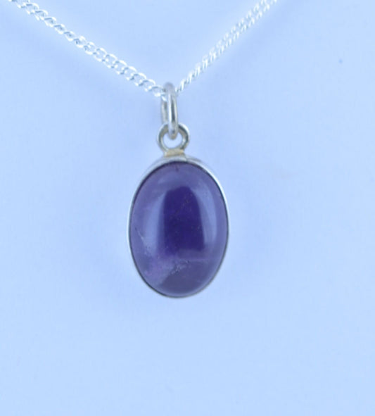 amethyst silver necklace, oval purple natural gemstone pendant, 18” chain