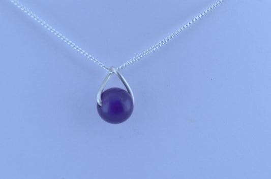 silver necklace, round purple natural gemstone pendant, 18” chain