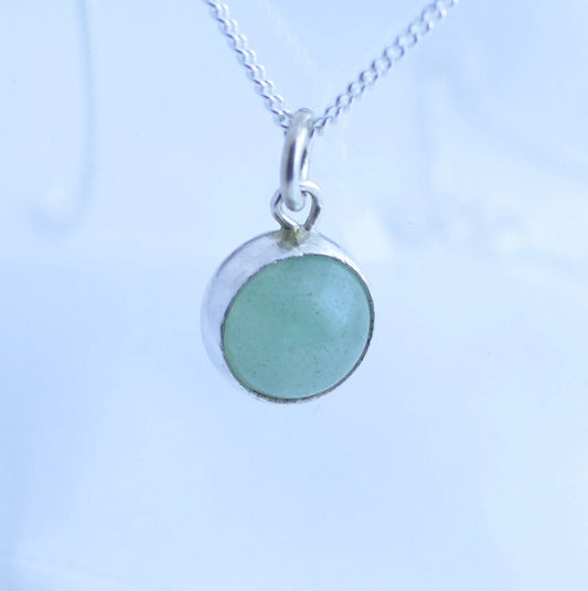 silver necklace, green aventurine pendant, natural round shape gemstone, 18” chain