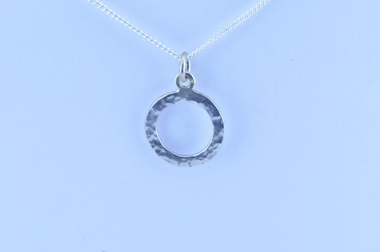 silver necklace, round  pendant, 18” chain