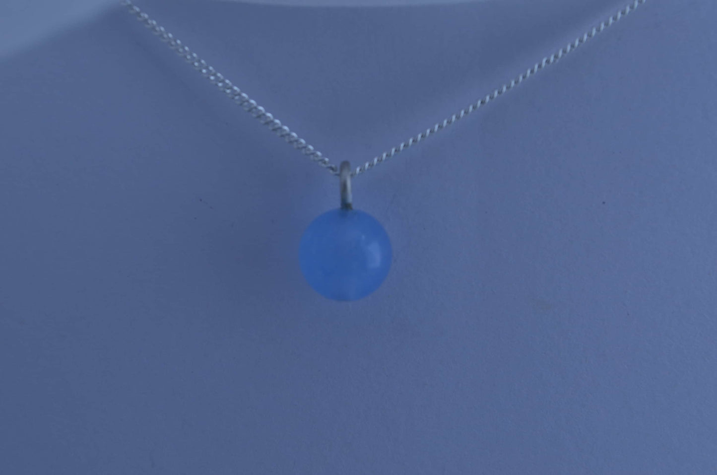 Silver blue jade charm necklace, round stone pendant, natural materials, 18” chain