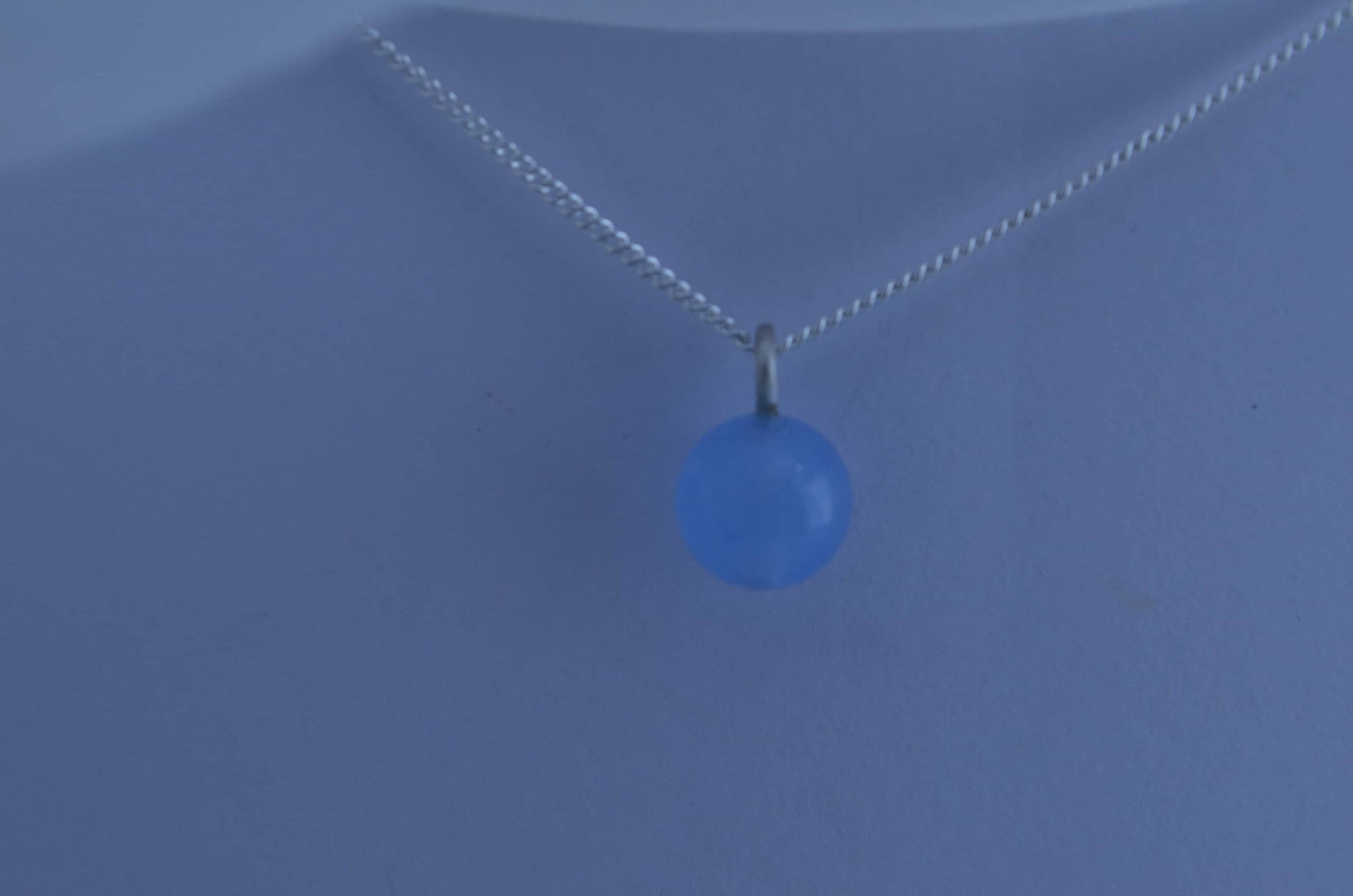 Silver blue jade charm necklace, round stone pendant, natural materials, 18” chain