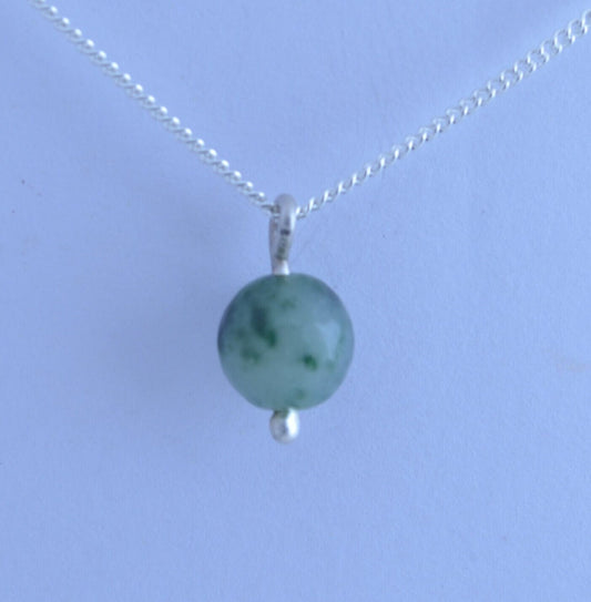 silver jade charm necklace, round spotted green pendant, natural gemstone, 18”chain