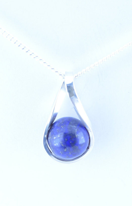 silver lapis lazuli necklace and 18” chain, natural bell shape blue gemstone, twist shaped design pendant