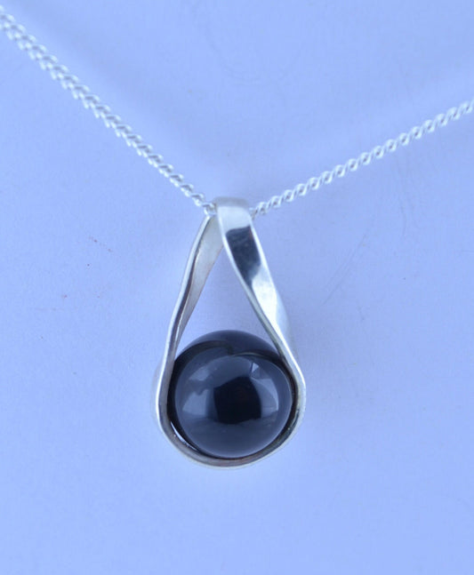 black onyx pendant bell shape natural gemstone, solid sterling silver chain necklace