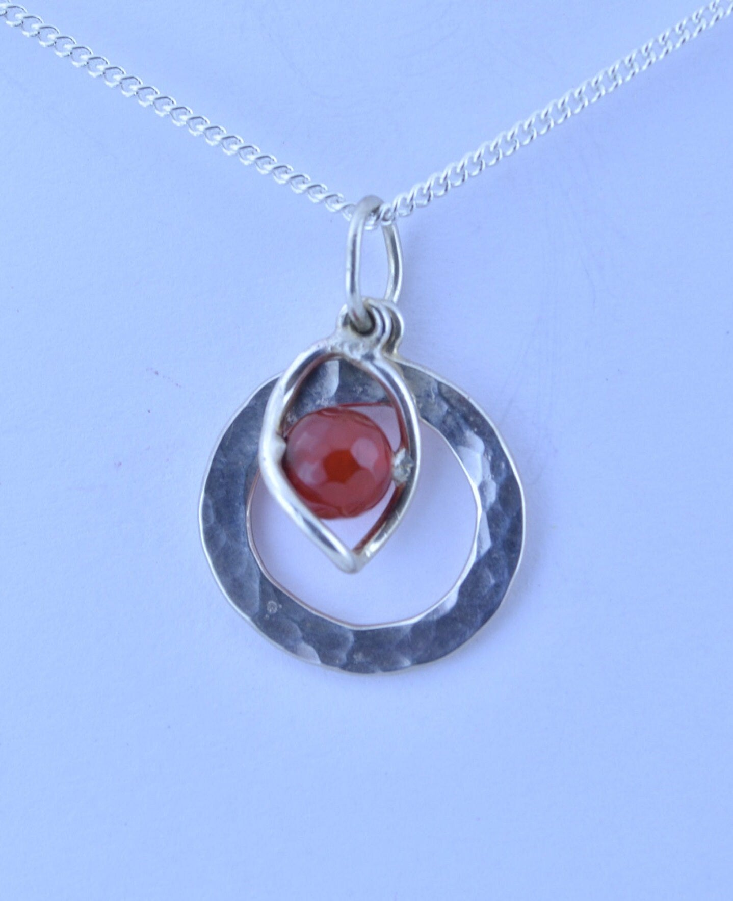 sterling silver necklace, bell shape natural red carnelian gemstone pendant, 18” chain