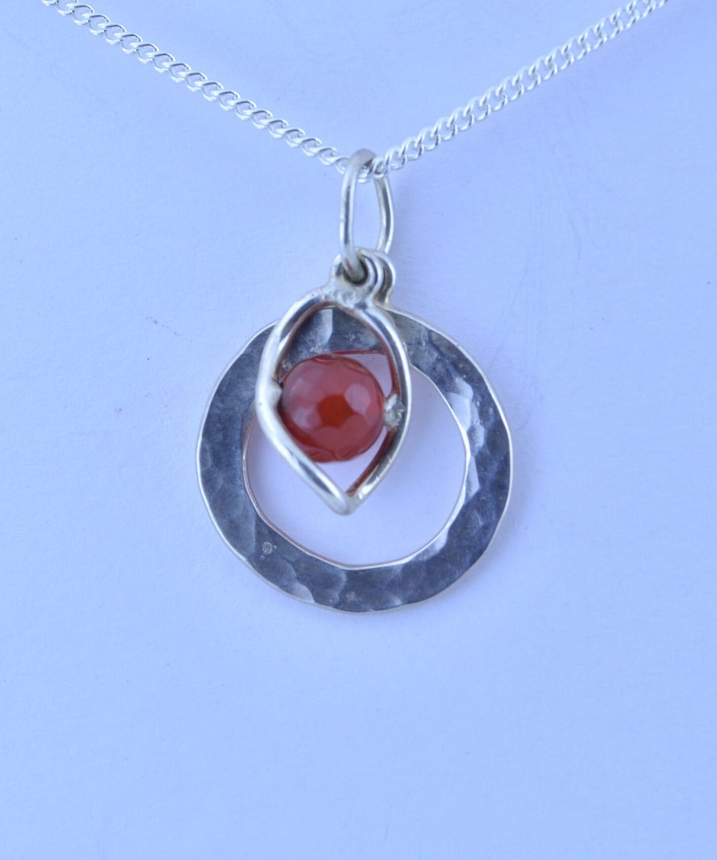 sterling silver necklace, bell shape natural red carnelian gemstone pendant, 18” chain