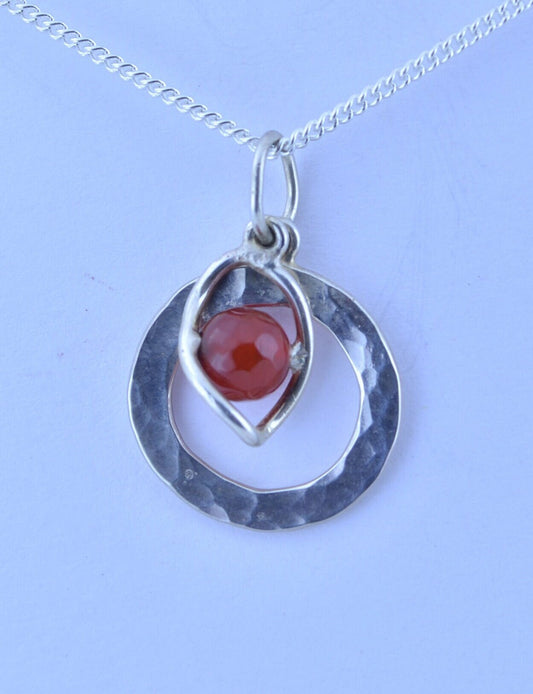 sterling silver necklace, bell shape natural red carnelian gemstone pendant, 18” chain