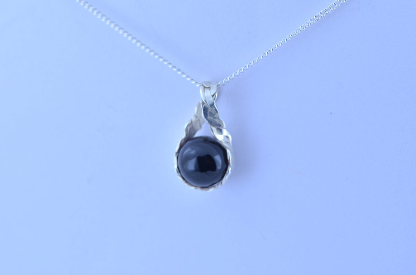 silver black onyx pendant bell shape natural gemstone, solid sterling silver chain necklace
