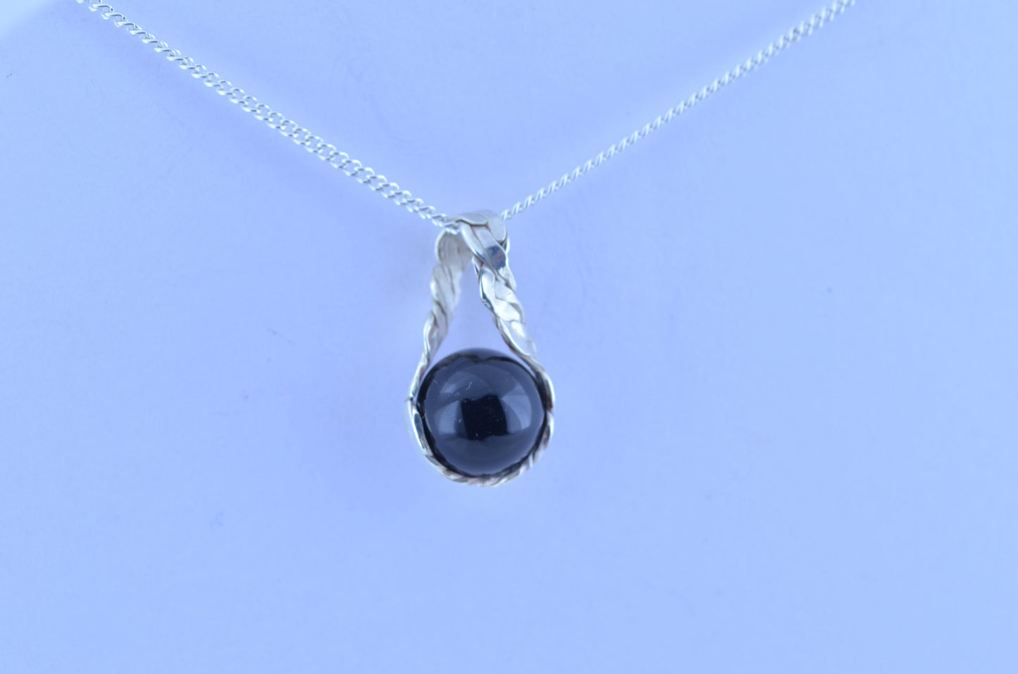 silver black onyx pendant bell shape natural gemstone, solid sterling silver chain necklace