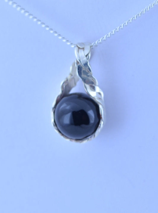 silver black onyx pendant bell shape natural gemstone, solid sterling silver chain necklace