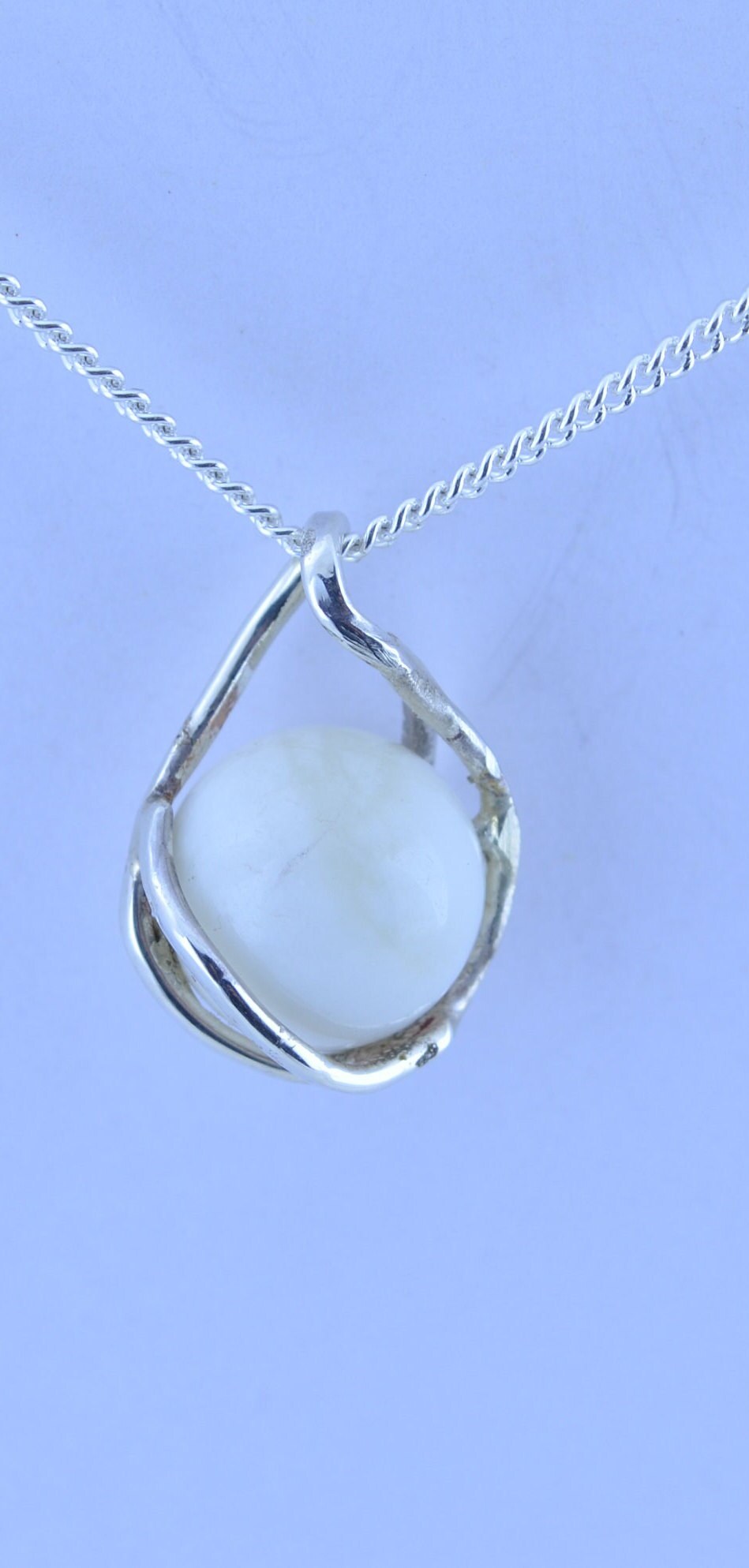 silver white moonstone necklace, round shape natural stone pendant, 18” chain