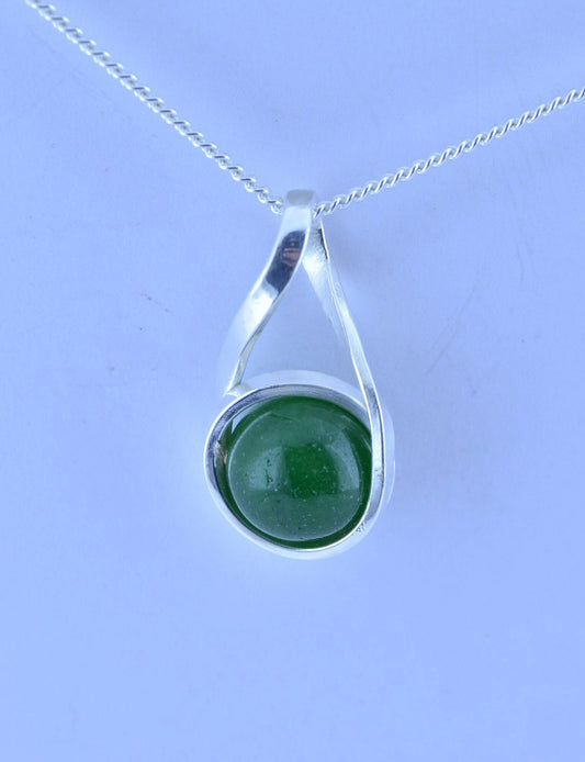 silver jade necklace, bell shape green natural gemstone pendant, 18” chain