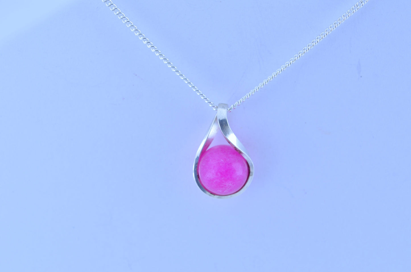Silver pink jade necklace, twisted round stone pendant, 18” chain