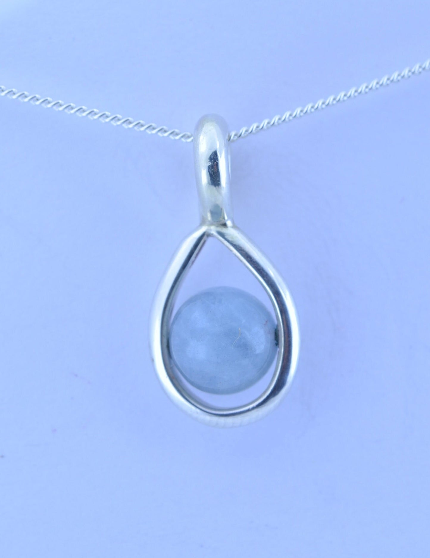 Silver aquamarine necklace, round stone pendant, natural bell shape gemstone, 18” chain