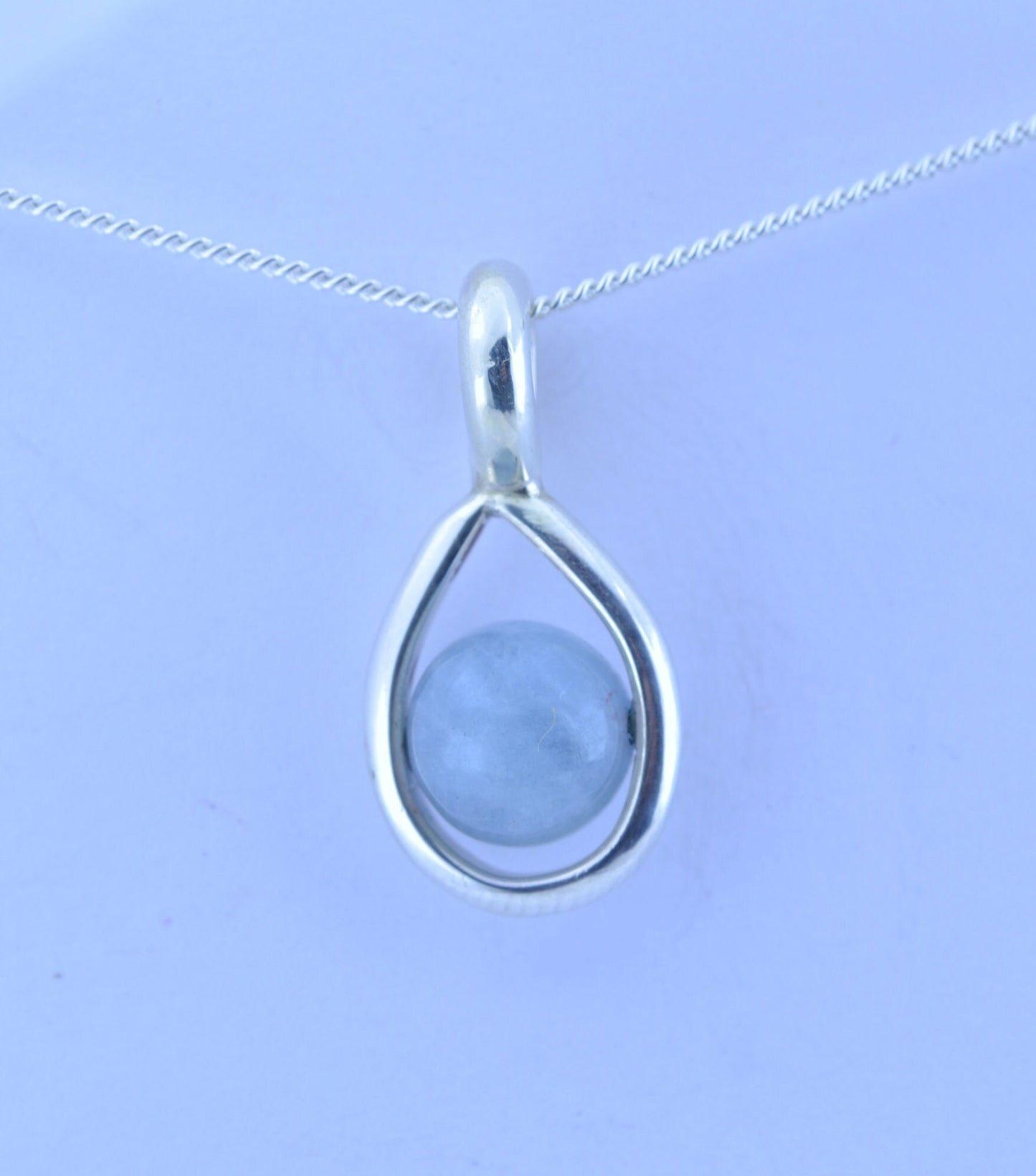 Silver aquamarine necklace, round stone pendant, natural bell shape gemstone, 18” chain