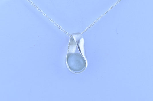 aquamarine silver necklace, round stone pendant, natural bell shape gemstone, 18” chain