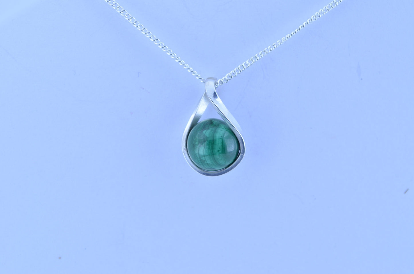 silver malachite pendant and solid sterling silver chain necklace, bell shape green natural gemstone