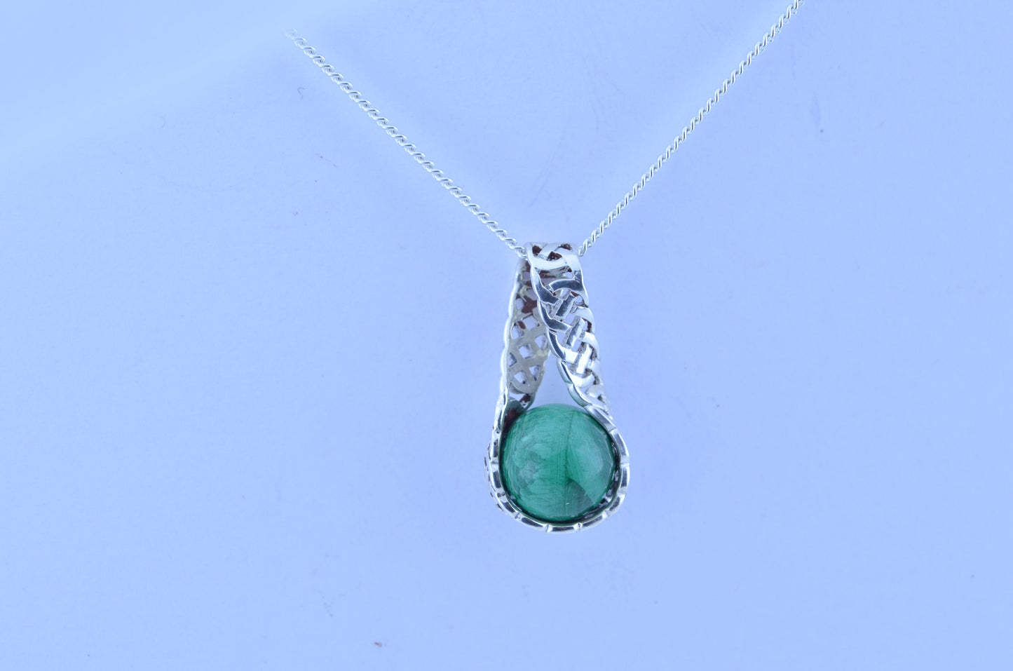 malachite silver pendant and solid sterling silver chain necklace, bell shape green natural gemstone