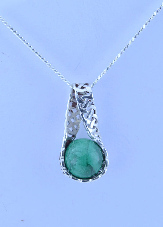 malachite silver pendant and solid sterling silver chain necklace, bell shape green natural gemstone