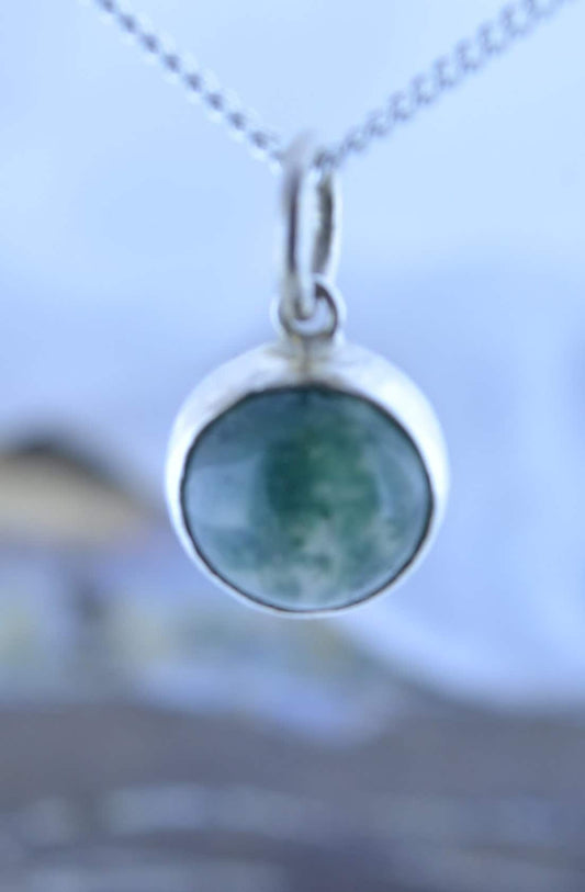 silver necklace green moss agate pendant, round shape natural gemstone, 18” chain