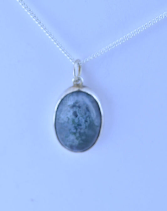 silver green moss agate pendant, oval shape natural gemstone, 18” chain