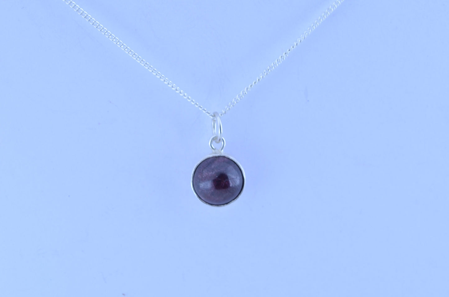 garnet necklace, bell shape silver pendant, 18” chain, red natural gemstone