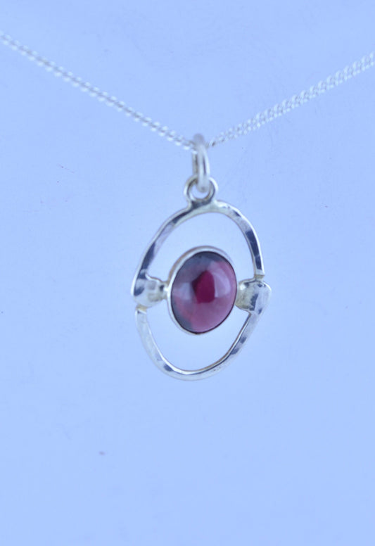 garnet pendant, oval shape silver pendant, 18” chain, red natural gemstone