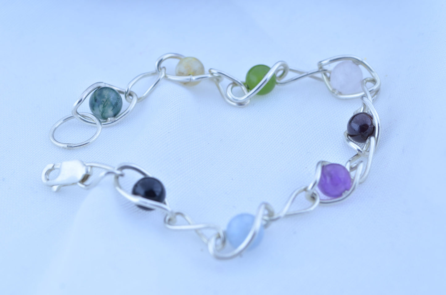 silver bracelet and natural gemstone, aquamarine, amethyst, black onyx, citrine, garnet, jade, moss agate, rose quartz