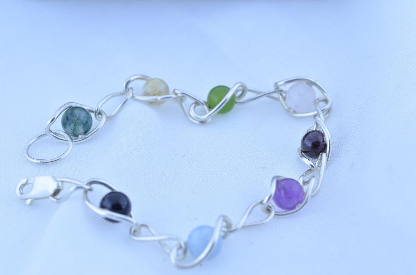 silver bracelet and natural gemstone, aquamarine, amethyst, black onyx, citrine, garnet, jade, moss agate, rose quartz