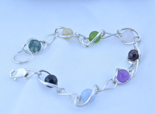 silver bracelet and natural gemstone, aquamarine, amethyst, black onyx, citrine, garnet, jade, moss agate, rose quartz