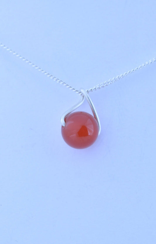 silver carnelian necklace, round natural red gemstone pendant, 18” chain