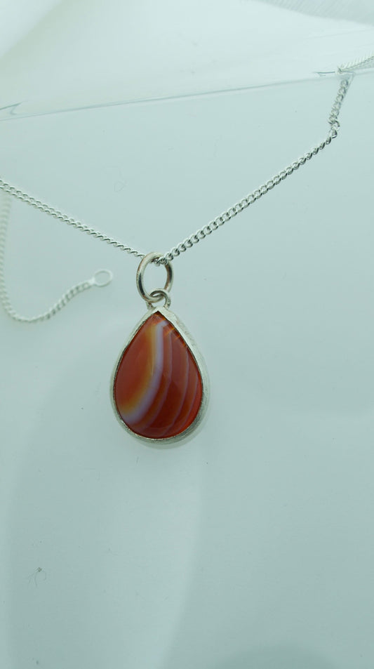 silver necklace, red agate pendant, natural materials, 18” chain