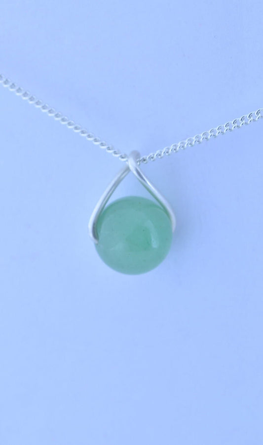 green aventurine pendant, silver necklace, natural round shape gemstone, 18” chain