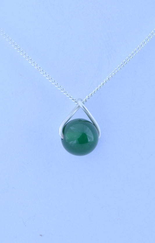 green onyx pendant, silver necklace, round shape natural gemstone, 18” chain
