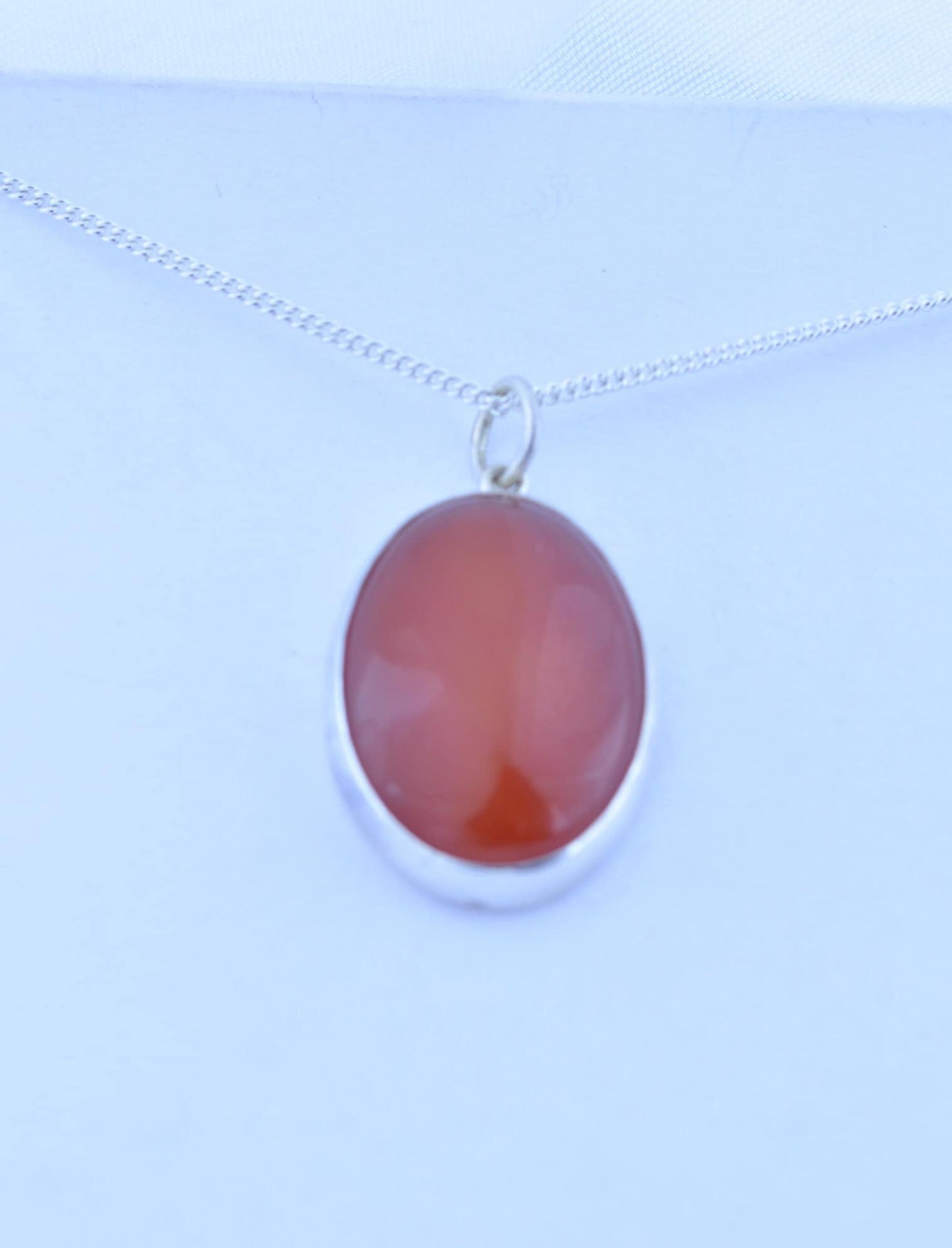 silver carnelian necklace, oval natural red gemstone pendant, 18” chain