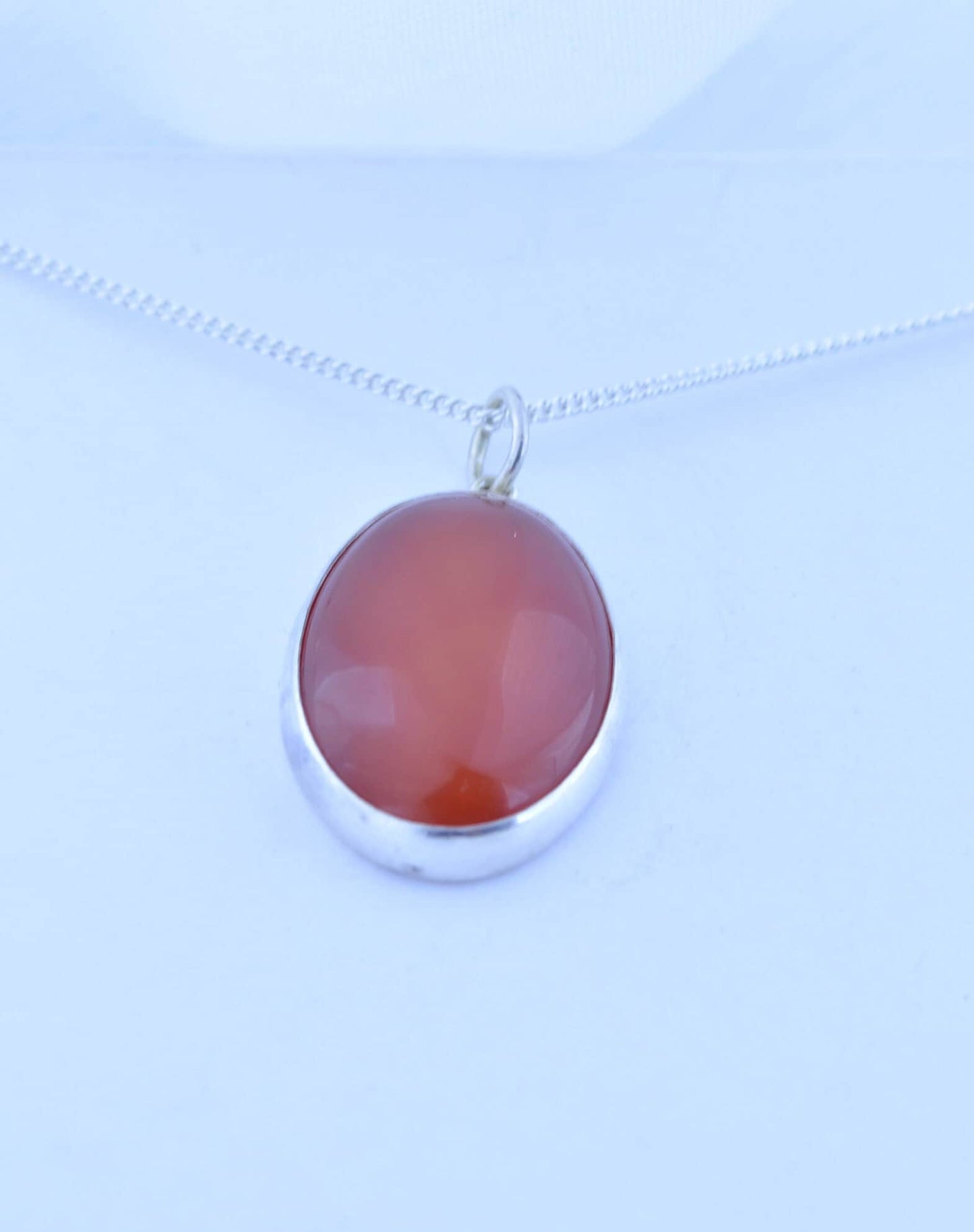 silver carnelian necklace, oval natural red gemstone pendant, 18” chain