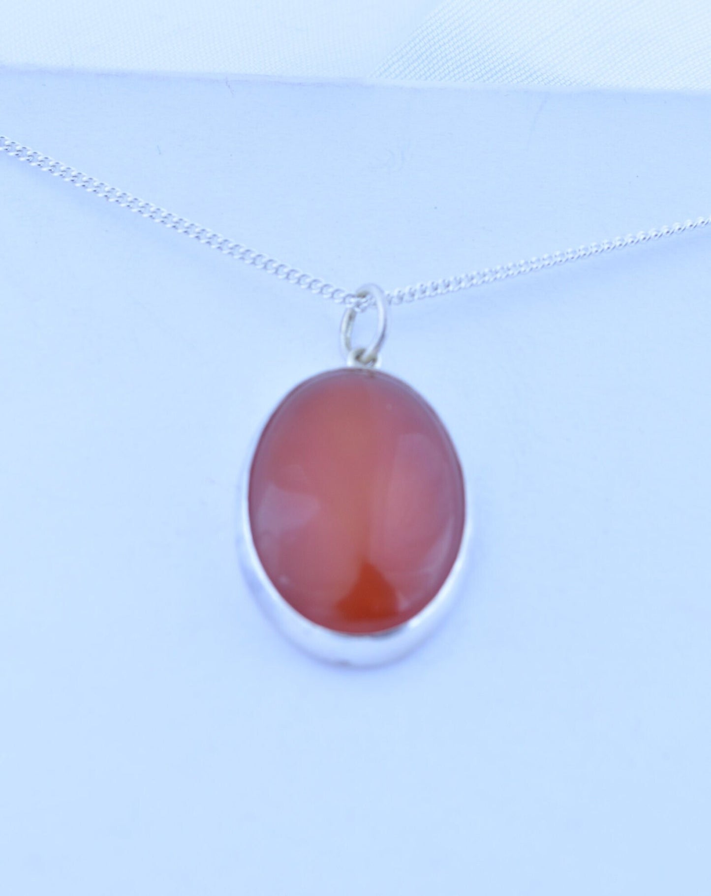 silver carnelian necklace, oval natural red gemstone pendant, 18” chain