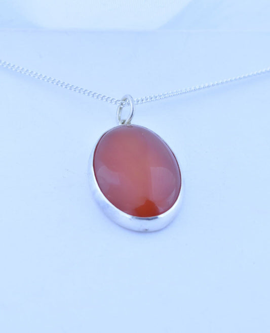silver carnelian necklace, oval natural red gemstone pendant, 18” chain