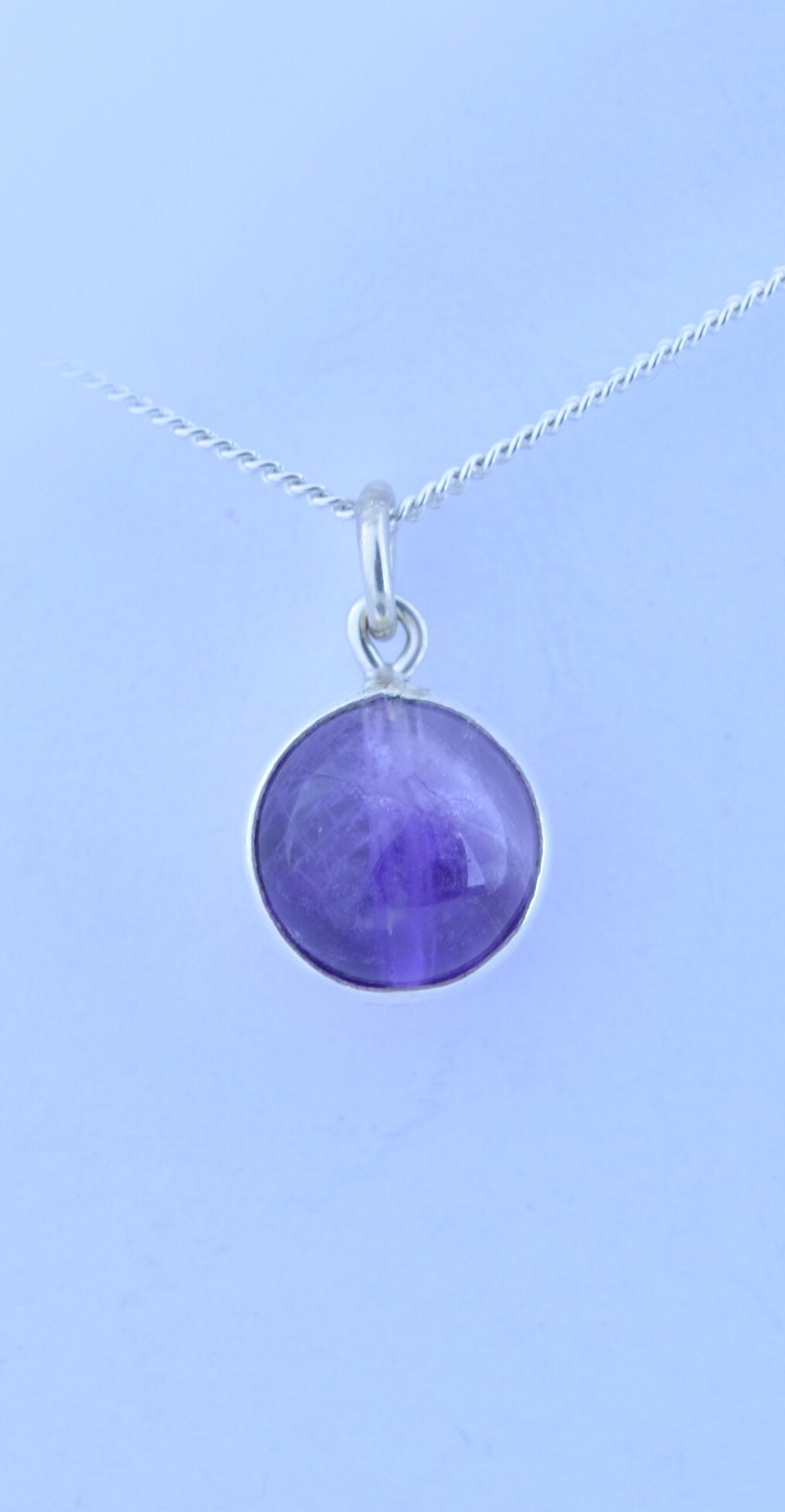 silver amethyst necklace, round purple natural gemstone pendant, 18” chain