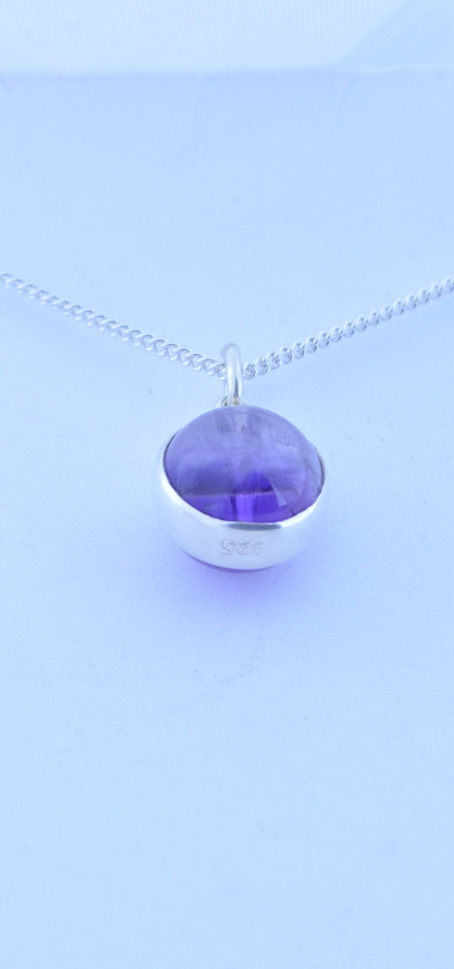 silver amethyst necklace, round purple natural gemstone pendant, 18” chain